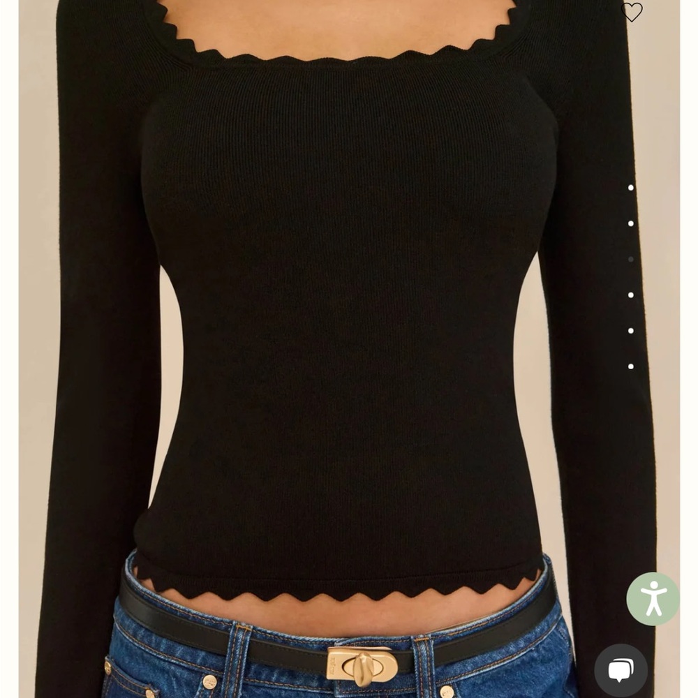 cult gaia "Jean"  Black Scalloped-Edge Long Sleeve Knit Top